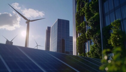 Futuristic eco friendly smart city with green skyscrapers and renewable energy