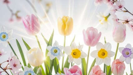 Vibrant spring flowers blooming in sunny garden with tulips and daffodils