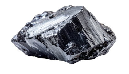 Close-up of a dark, crystalline mineral with reflective surfaces on black