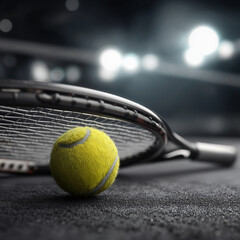 Tennis Ball and Racket on Court During Match at Indoor Stadium With Bright Lights Above