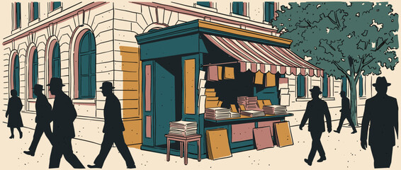 Fototapeta na wymiar Vintage street corner newsstand kiosk with a striped awning sells newspapers on a bustling city sidewalk with silhouetted pedestrians in a retro graphic novel style illustration