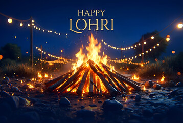 Beautiful night scene of bonfire with string lights and happy lohri text for indian festival celebration background representing warmth and happiness of winter harvest season