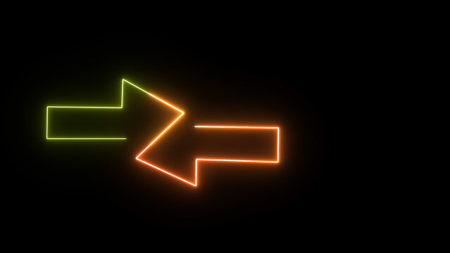 Neon yellow and orange arrows. Glowing left and right pointer signs on black background. Direction arrow symbol for black screen background. Neon illustration arrow icon.