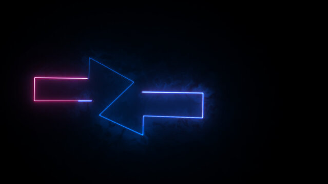 Neon blue and puple arrows. Glowing left and right pointer signs on black background. Direction arrow symbol for black screen background. Neon illustration arrow icon.