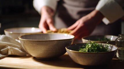 Person's hands preparing food in a kitchen. there are three bowls on the table in front of them. the bowls are made of ceramic and have a light brown color.