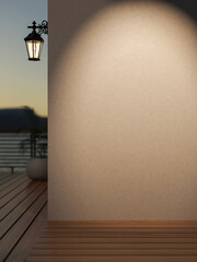 Naklejka premium Spotlight lamp shining on empty white wall over wooden parquet floor at balcony or terrace of house.