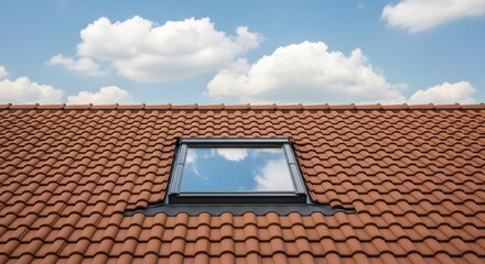 Naklejka premium Tiled Roof with a Skylight and Clouds in the Sky on a Sunny Day