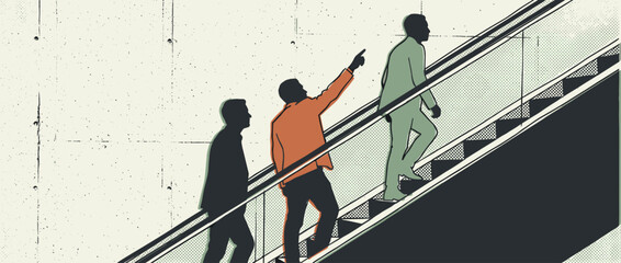 Three stylized businessmen figures in silhouette riding an escalator upwards, with one leader pointing forward to show the way in a retro graphic illustration with a halftone texture