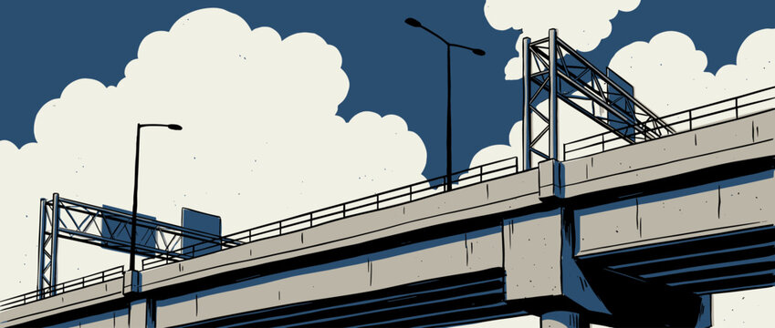 Concrete highway overpass bridge illustration with metal railings and lampposts viewed from a low angle against a cloudy sky in a bold, graphic comic book style