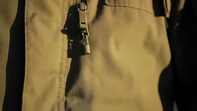A close-up view of a sewn olive-drab fabric reveals a zipper with a small metal pull-tab. The focus is on the textures and details