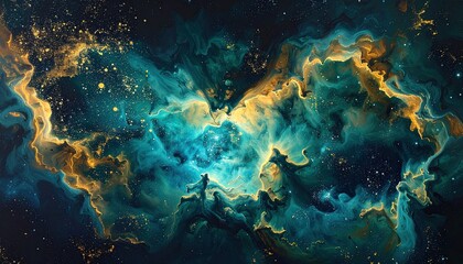 Fototapeta premium Cosmic clouds of teal and gold, with sparkling stars