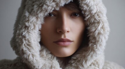Close-up portrait of a young woman's face. she is wearing a white fur coat with a hood that covers her head and shoulders.