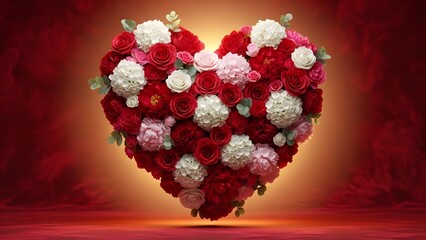 Stunning heart shape made of red, pink, and white roses and flowers on a warm red background