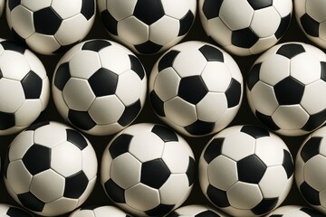 Multiple classic black and white soccer balls arranged in a seamless pattern on a dark background, creating a dynamic sports-themed concept image. Ai generative