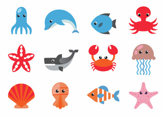 Cute cartoon marine life icons including octopus dolphin crab and jellyfish © MihirKumarMondal