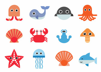 Colorful cartoon depictions of various sea creatures and ocean elements