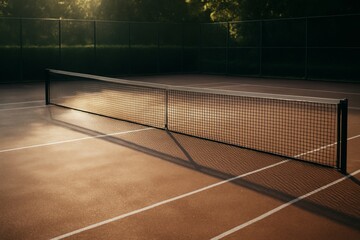 Sunlit empty tennis court with net casting long shadows on clay surface, surrounded by green fence and trees in warm golden hour light background. Ai generative