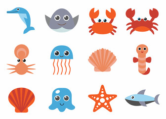 Colorful cartoon sea creatures and shells depicted in a simple flat style