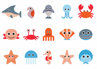 Colorful cartoon illustrations of various marine life and sea creatures