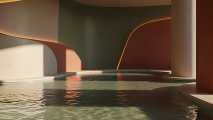 Modern abstract interior architecture with rippling water feature and warm ambient lighting, contemporary minimalist design aesthetic