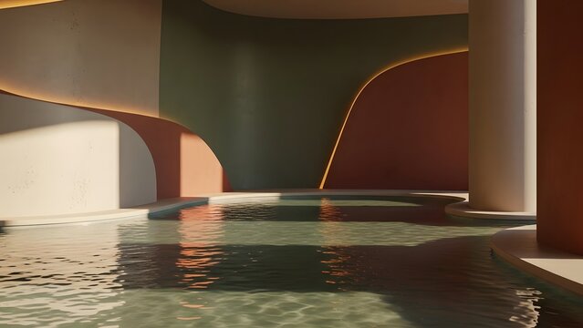 Modern abstract interior architecture with rippling water feature and warm ambient lighting, contemporary minimalist design aesthetic