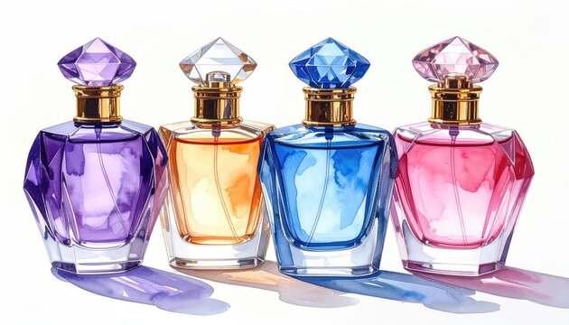 Watercolor perfume bottles in varying jewel tones