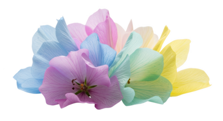 Delicate pastel colored flower petals arranged in a soft cluster against a png isolated transparent background black background