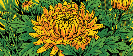 Detailed yellow chrysanthemum flower illustration in a bold comic book style with thick black lines, vibrant colors, and halftone dot shading on the petals and leaves