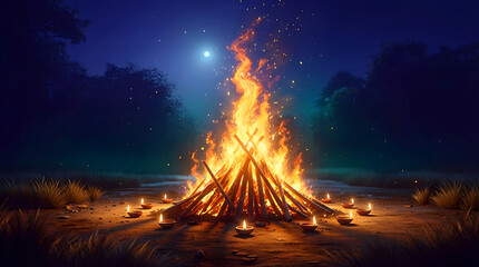 Plakat Traditional bonfire with oil lamps and full moon night scenery for lohri festival spiritual background, traditional indian winter festival at night with glowing warm fire light