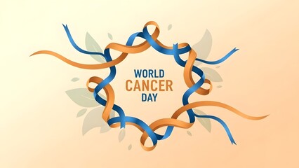 World cancer day concept with intertwined blue and orange awareness ribbons forming a circular frame, promoting global solidarity and support for cancer patients and survivors