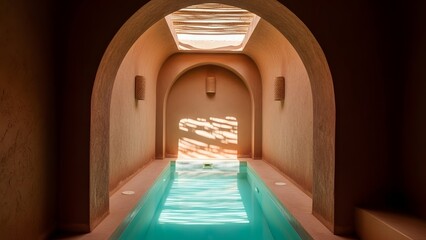 Indoor swimming pool in traditional moroccan riad with arched ceiling and natural light