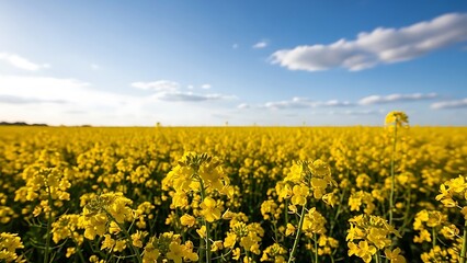 Beautiful Blooming Rapeseed Field Under Blue Sky with Clouds