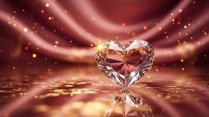 Brilliant diamond heart gemstone on romantic red silk background with sparkling bokeh lights