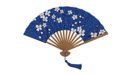 Blue Folding Fan with White Cherry Blossoms and Tassel