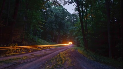 On a quiet country road car light trails converge towards a quaint forest entrance hinting at the adventure that awaits on the hiking trail ahead.
