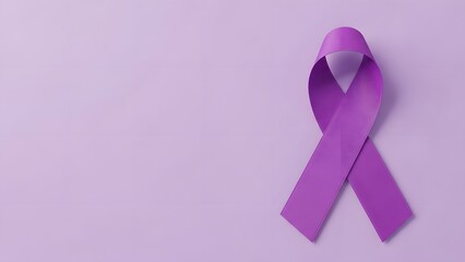 Purple awareness ribbon symbolizing support for various causes like alzheimers, domestic violence, or lupus, placed on a light purple background with copy space