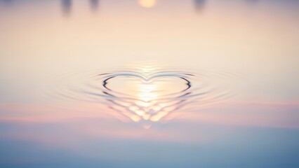 Heart shaped water ripples at serene sunset with golden light