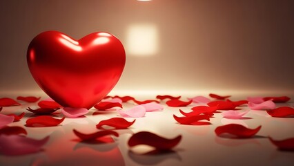 Shiny red heart with scattered rose petals on a reflective surface for valentines day romance concept