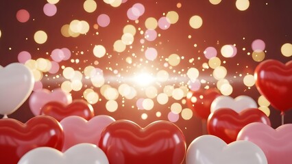 Romantic valentines day background with shiny red and pink heart balloons and bokeh lights celebration