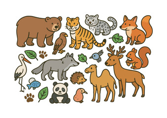 Fototapeta premium Eurasian Animal Doodles. Eurasian animals. Colorful Hand-drawn doodle Children illustration Eurasian animals brown bear, tiger, red fox, snow leopard, wolf,