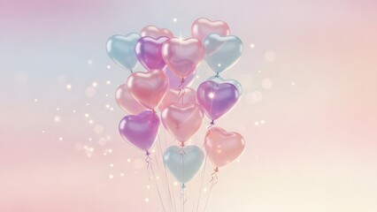 A beautiful cluster of glossy, heartshaped balloons in pastel shades of pink, purple, and blue, floating against a soft, ethereal gradient background with subtle bokeh effects