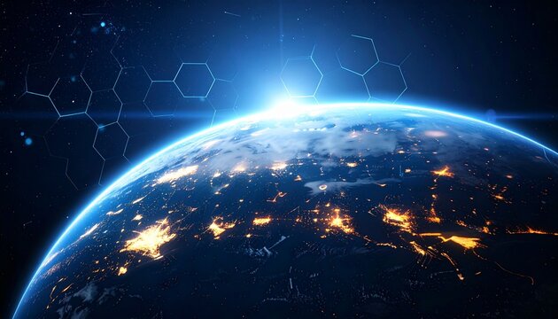 Digitally rendered Earth with hexagonal grid overlay, glowing orange urban lights and blue tech flares on dark space backdrop. - Powered by Adobe