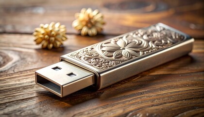 Ornate metallic USB flash drive with embossed floral patterns on wooden surface, elegant and artistic tech design.