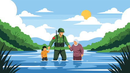Soldier assisting refugees crossing river, vector illustration expressing humanitarian military service, compassion, protection, rescue effort, and support for displaced civilians