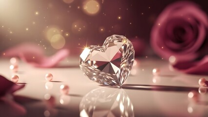 Brilliant heart shaped diamond with pink rose petals and pearls, romantic luxury concept for valentines day or engagement