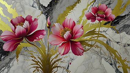 Luxury Pink Peonies and Roses on Gold Vein Marble Background