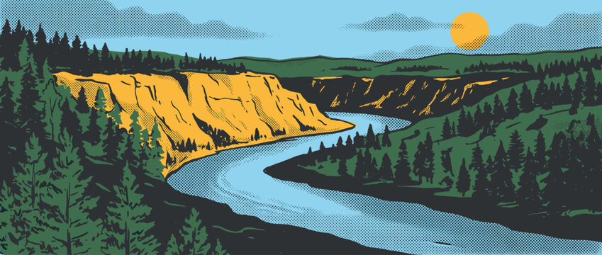 Stylized landscape illustration of a river winding through a forested canyon under a bright sun, rendered in a retro comic book style with halftone dot patterns
