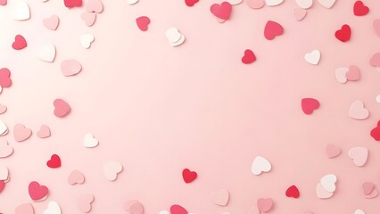 Scattered pink and red heart confetti on a soft pink background, top view, valentines day or romance concept