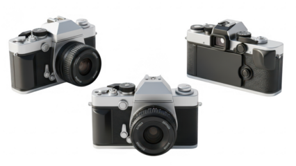 Photograph of vintage black compact camera with silver lens and top view on transparent background