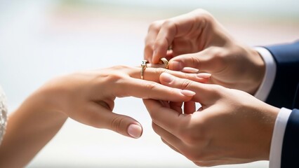 Groom placing a wedding ring on the brides finger during their marriage ceremony.